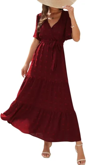 Women Boho Swiss Dot Maxi Dress with Belt Casual Summer Dresses V Neck Short Sleeve Ruffle Tiered Long Cocktail Dress
