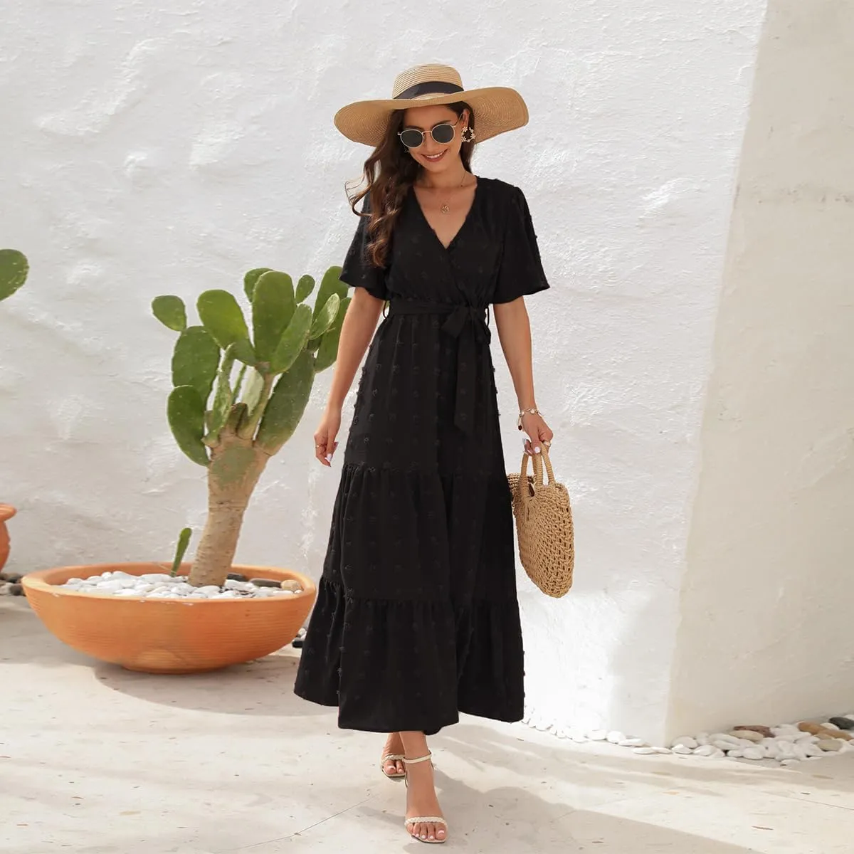 Women Boho Swiss Dot Maxi Dress with Belt Casual Summer Dresses V Neck Short Sleeve Ruffle Tiered Long Cocktail Dress