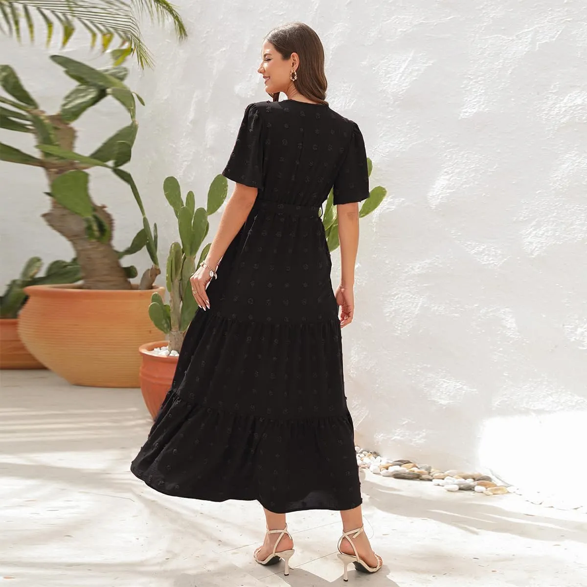 Women Boho Swiss Dot Maxi Dress with Belt Casual Summer Dresses V Neck Short Sleeve Ruffle Tiered Long Cocktail Dress