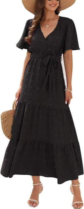Women Boho Swiss Dot Maxi Dress with Belt Casual Summer Dresses V Neck Short Sleeve Ruffle Tiered Long Cocktail Dress