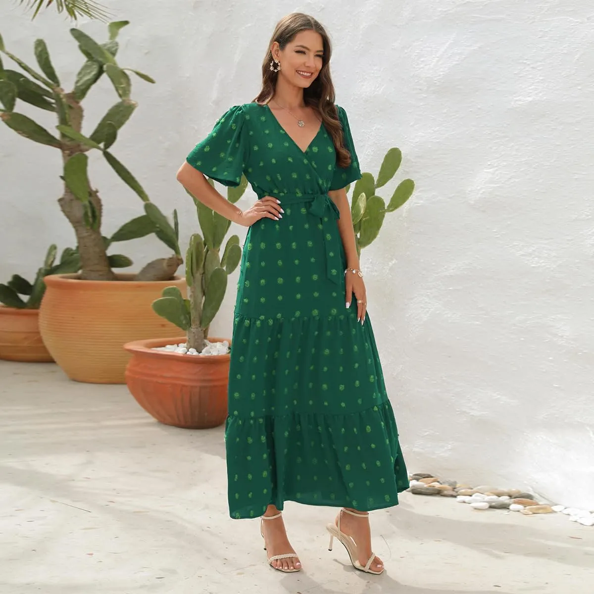 Women Boho Swiss Dot Maxi Dress with Belt Casual Summer Dresses V Neck Short Sleeve Ruffle Tiered Long Cocktail Dress