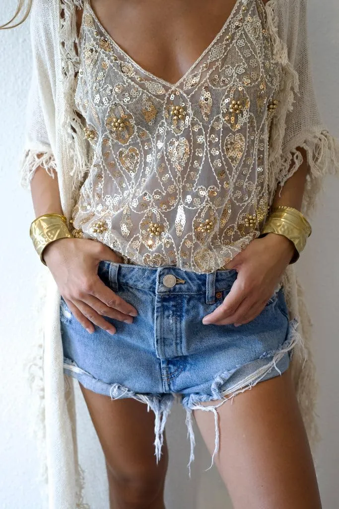 Women Y2k Sequin Cami Top Sheer Mesh Embroidered Beaded Tank Top Spaghetti Strap Backless Sparkly Tops