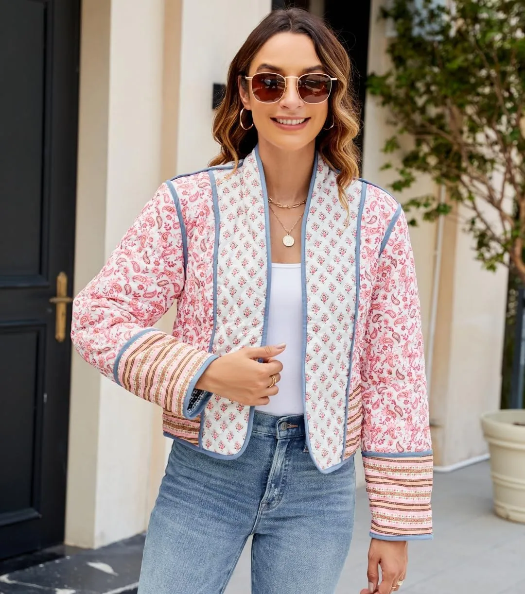 Women's Cropped Floral Quilted Jacket Lightweight Open Front Padded Puffer Coat