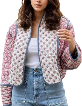 Women's Cropped Floral Quilted Jacket Lightweight Open Front Padded Puffer Coat