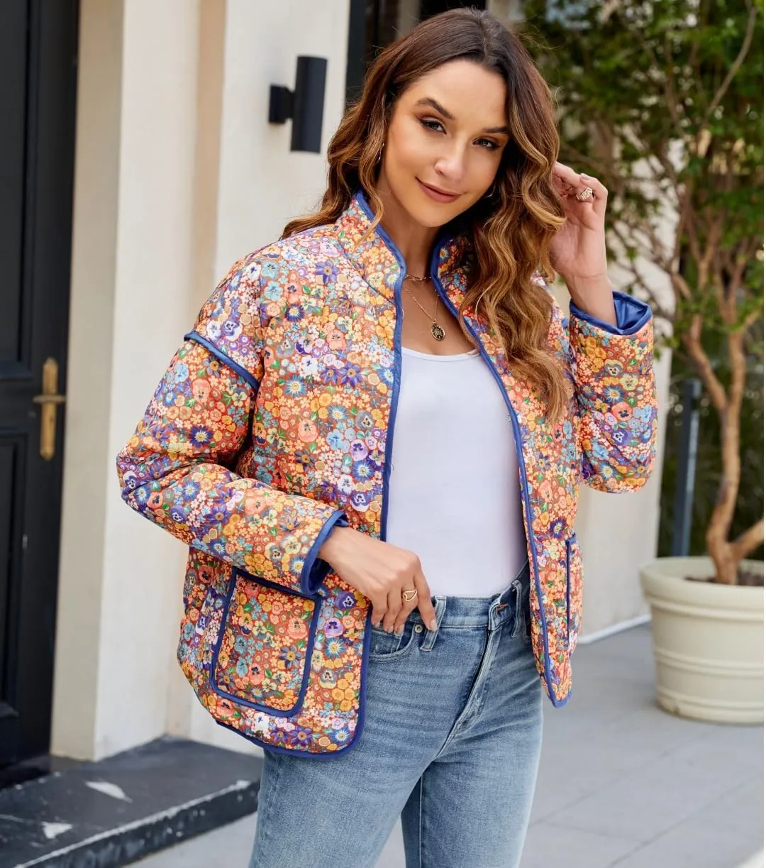 Women's Cropped Floral Quilted Jacket Lightweight Open Front Padded Puffer Coat