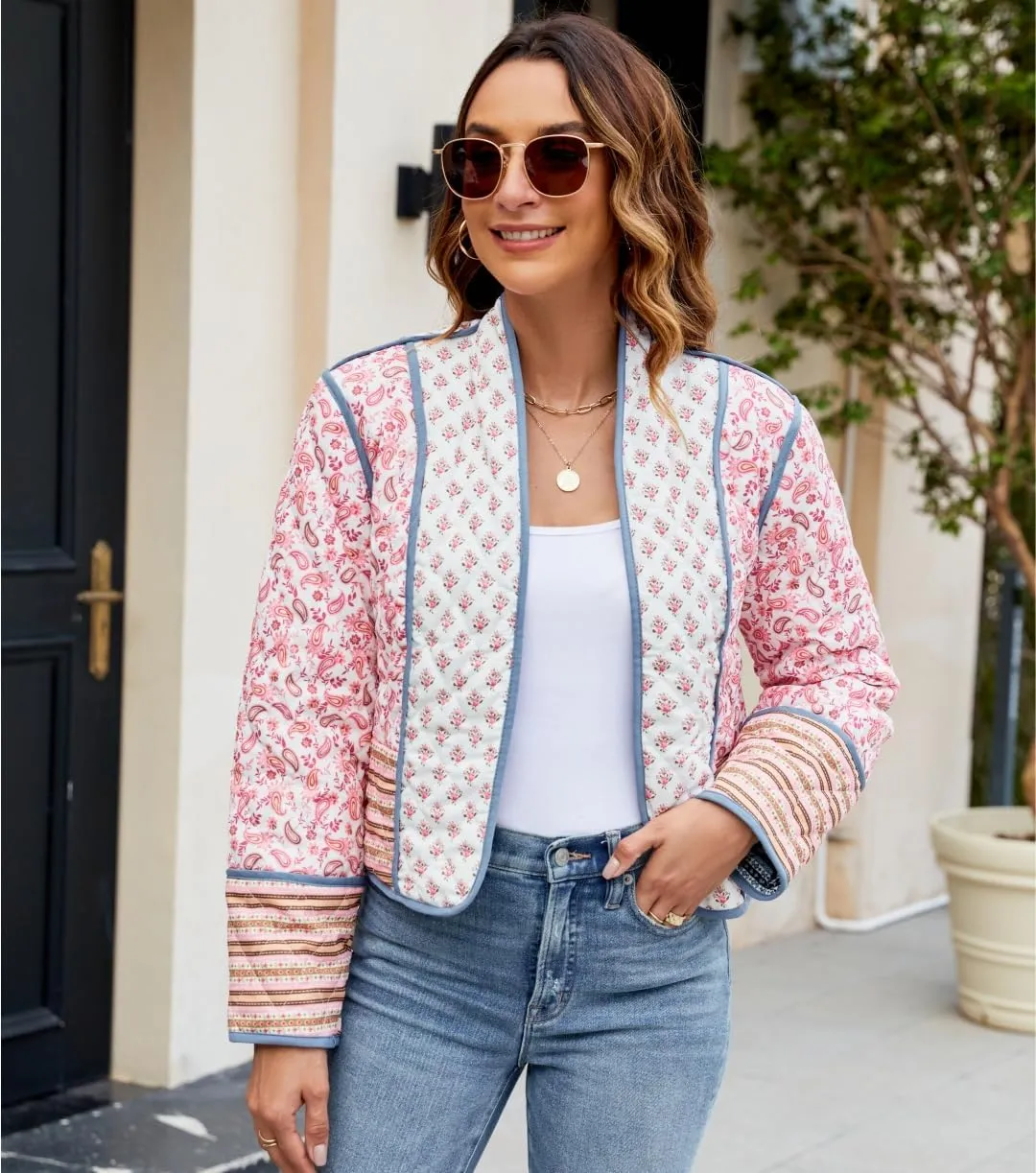 Women's Cropped Floral Quilted Jacket Lightweight Open Front Padded Puffer Coat
