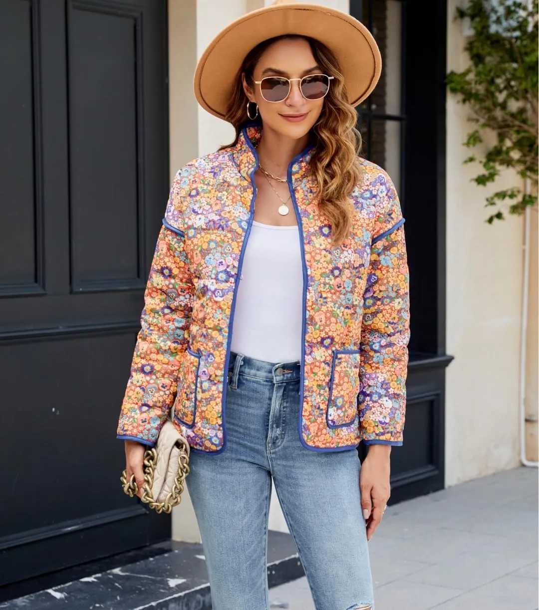 Women's Cropped Floral Quilted Jacket Lightweight Open Front Padded Puffer Coat
