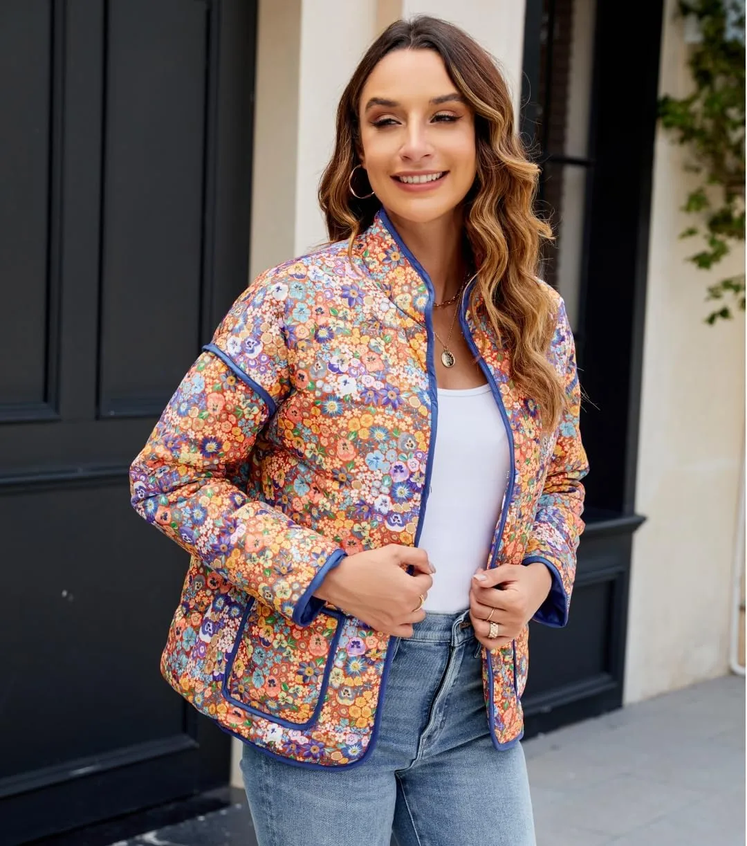 Women's Cropped Floral Quilted Jacket Lightweight Open Front Padded Puffer Coat