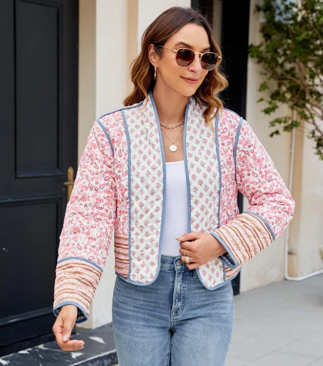 Women's Cropped Floral Quilted Jacket Lightweight Open Front Padded Puffer Coat
