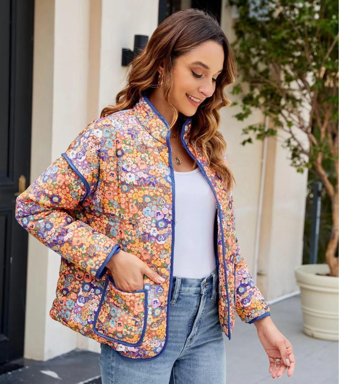 Women's Cropped Floral Quilted Jacket Lightweight Open Front Padded Puffer Coat