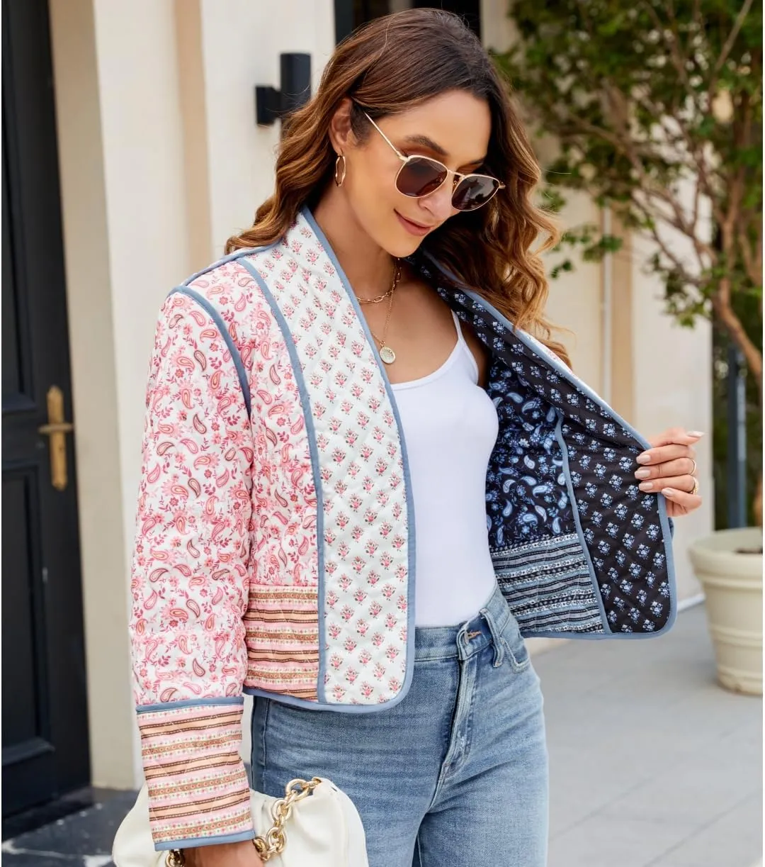 Women's Cropped Floral Quilted Jacket Lightweight Open Front Padded Puffer Coat