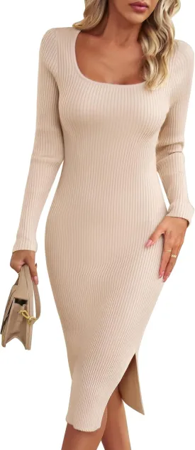 Women's Fall Long Sleeve Sweater Dress Square Neck Side Bodycon Ribbed Knit Slim Fit Dress Business Casual Outfits