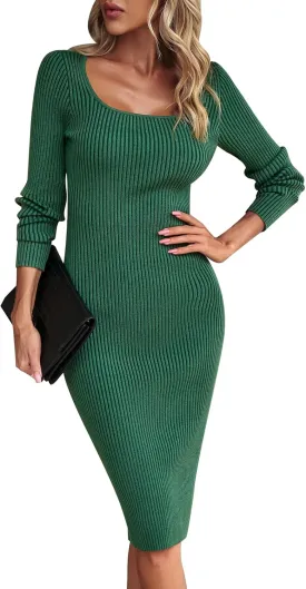 Women's Fall Long Sleeve Sweater Dress Square Neck Side Bodycon Ribbed Knit Slim Fit Dress Business Casual Outfits