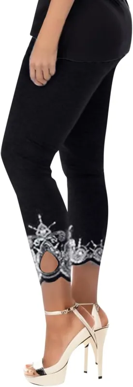 Women's High Waist Lace Trim Leggings, Stretchy Slim Fit Full Length Skinny Pants for Spring/Fall