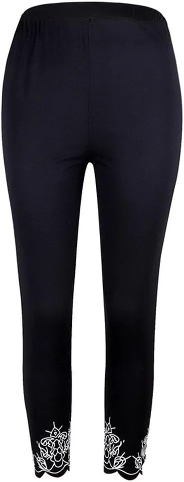 Women's High Waist Lace Trim Leggings, Stretchy Slim Fit Full Length Skinny Pants for Spring/Fall