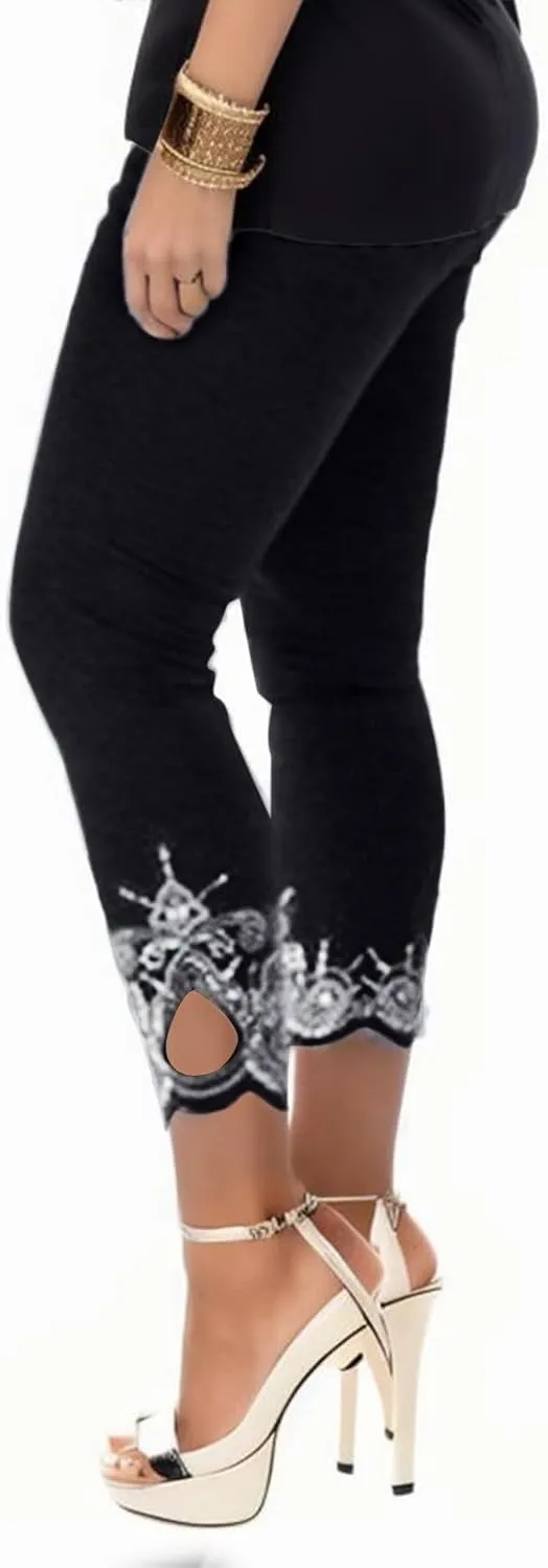 Women's High Waist Lace Trim Leggings, Stretchy Slim Fit Full Length Skinny Pants for Spring/Fall
