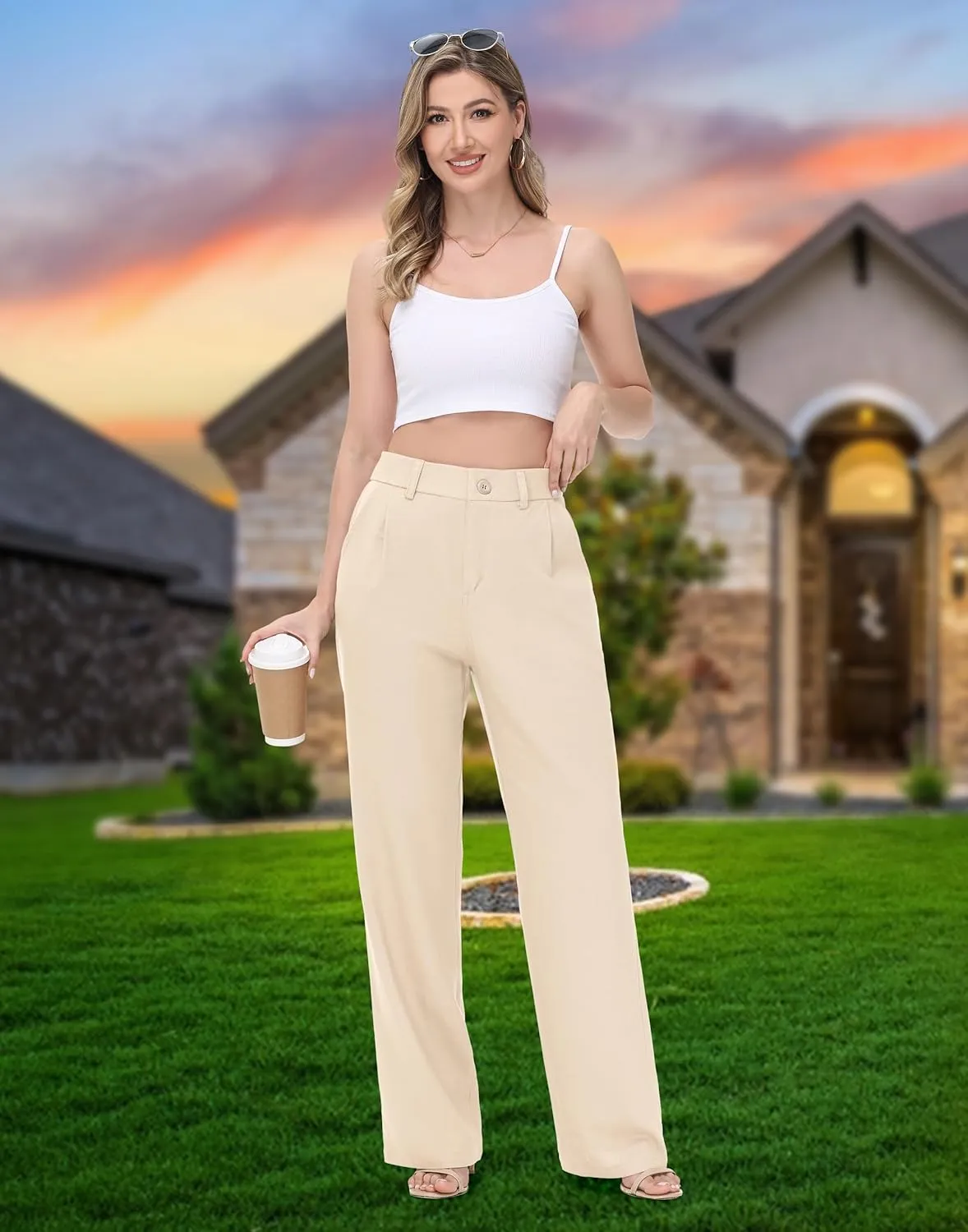 Women's Linen Dress Pants - 29"/31" Wide Leg Business Work Trousers Casual Summer Beach Cotton Slacks with Drawstring