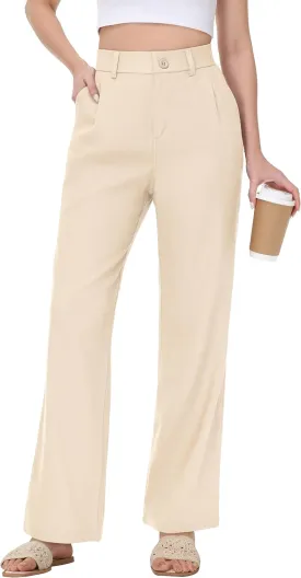 Women's Linen Dress Pants - 29"/31" Wide Leg Business Work Trousers Casual Summer Beach Cotton Slacks with Drawstring