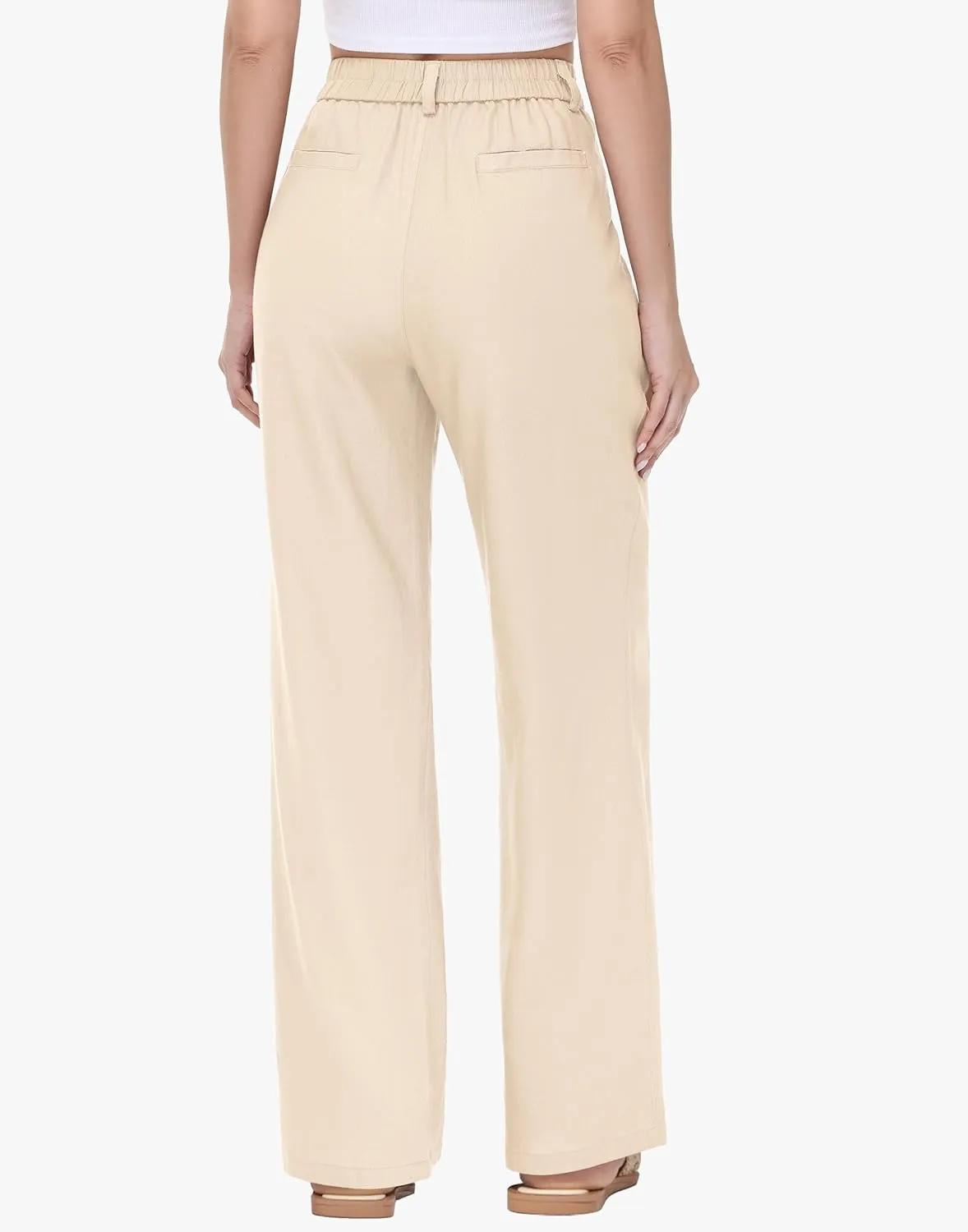 Women's Linen Dress Pants - 29"/31" Wide Leg Business Work Trousers Casual Summer Beach Cotton Slacks with Drawstring