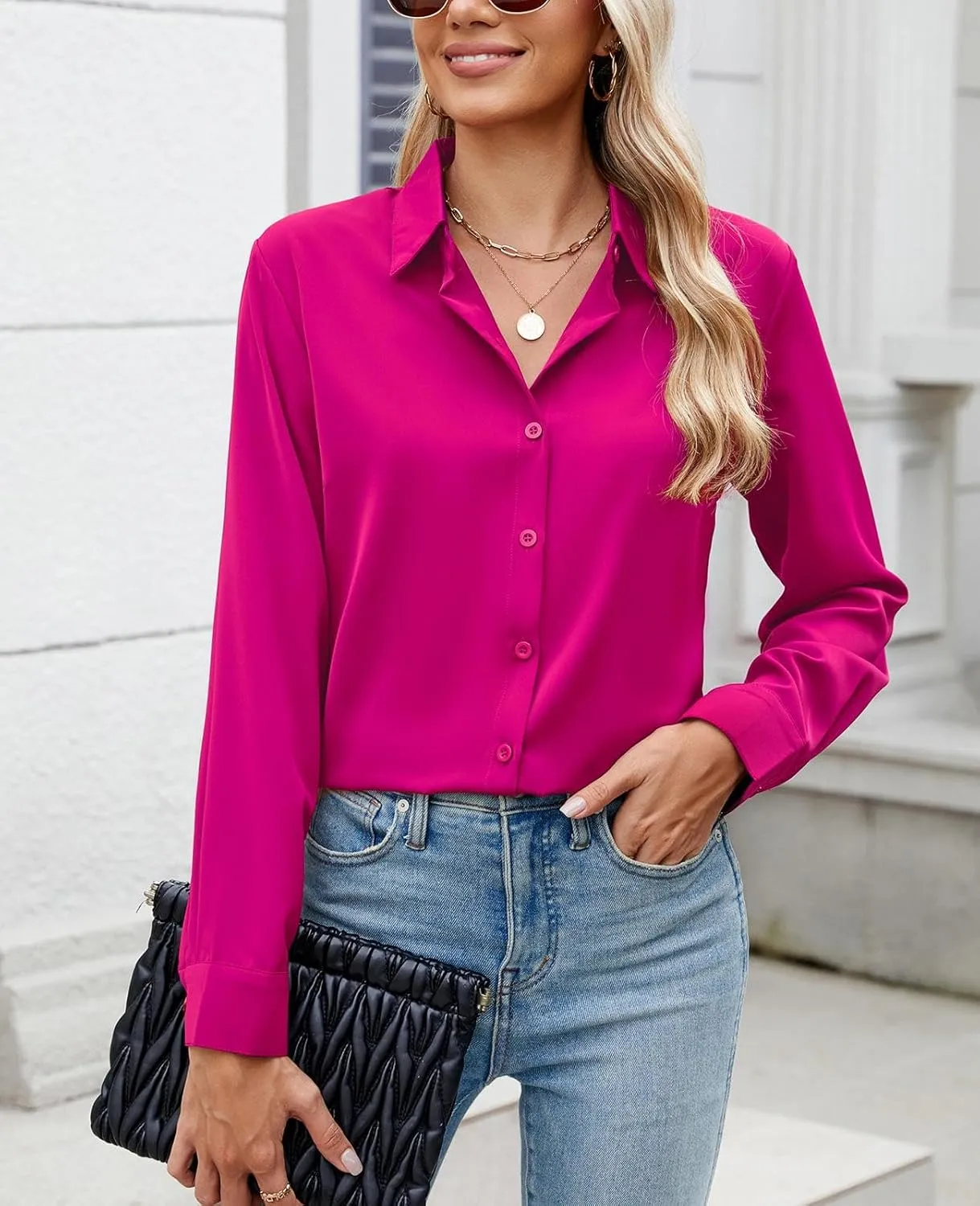 Womens Long Sleeve Button Down Shirt Ultra-Soft Stretch Wrinkle-Free Work Casual Business Office Blouse