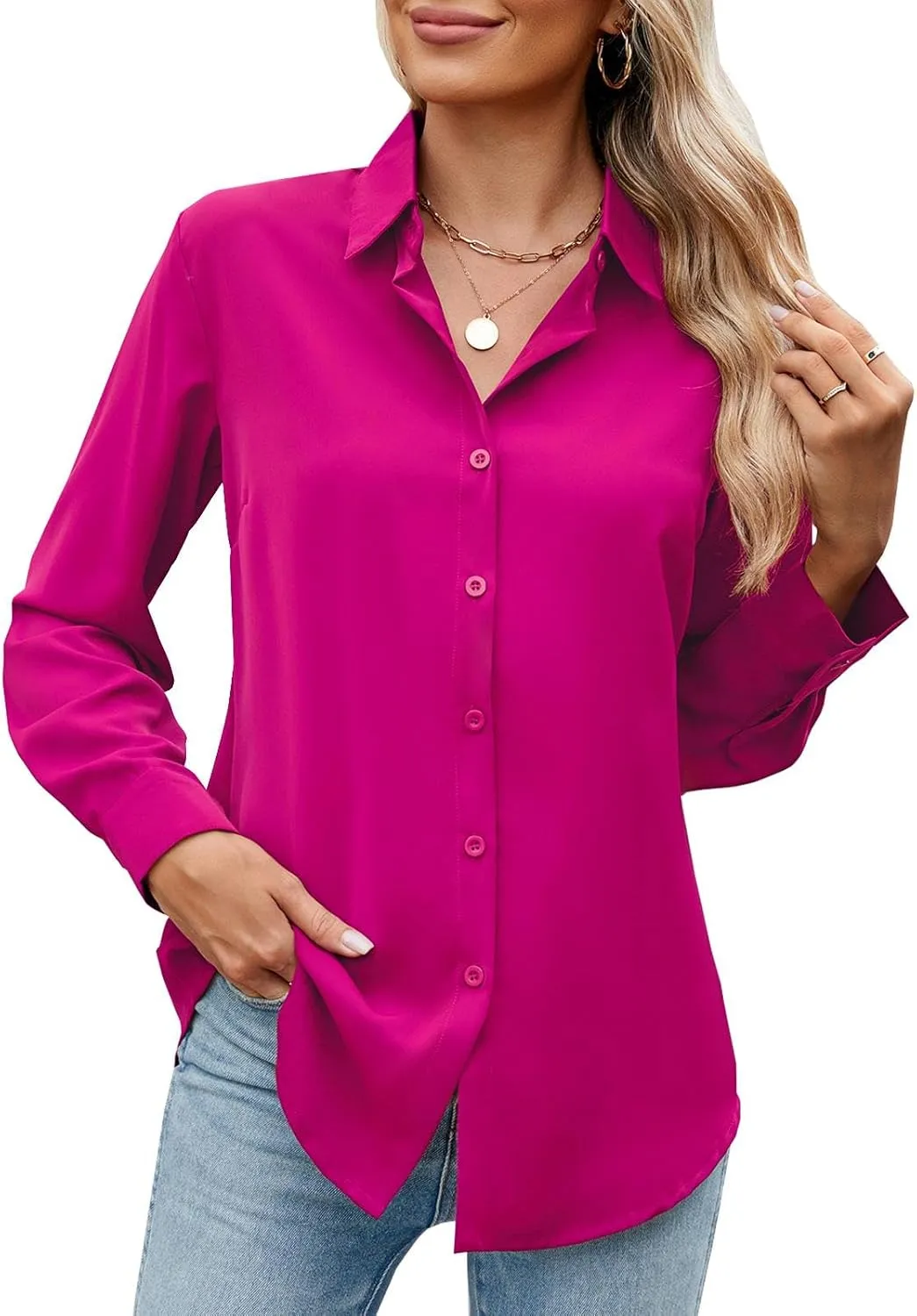Womens Long Sleeve Button Down Shirt Ultra-Soft Stretch Wrinkle-Free Work Casual Business Office Blouse