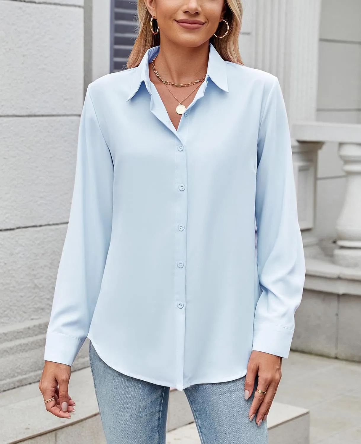 Womens Long Sleeve Button Down Shirt Ultra-Soft Stretch Wrinkle-Free Work Casual Business Office Blouse