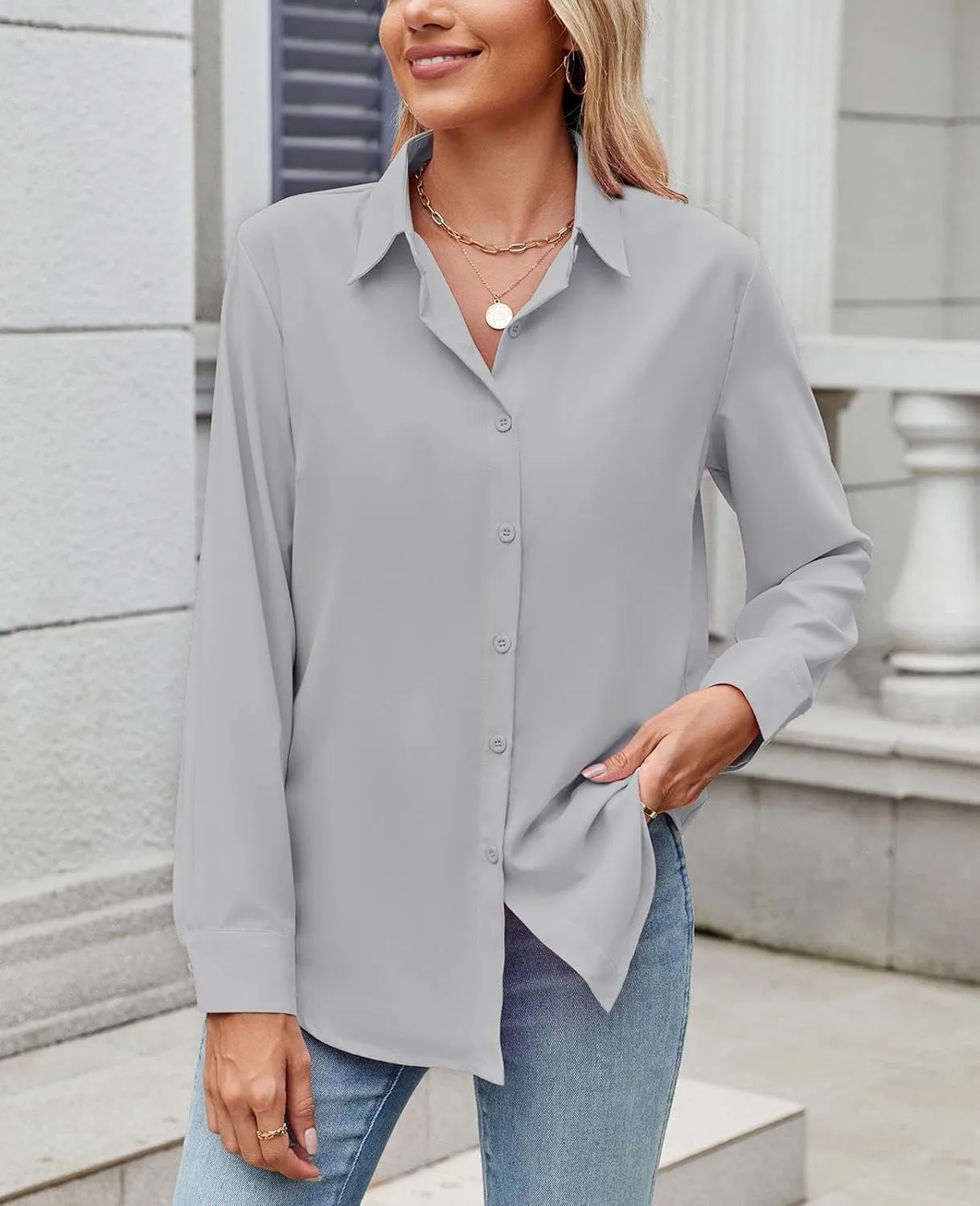 Womens Long Sleeve Button Down Shirt Ultra-Soft Stretch Wrinkle-Free Work Casual Business Office Blouse