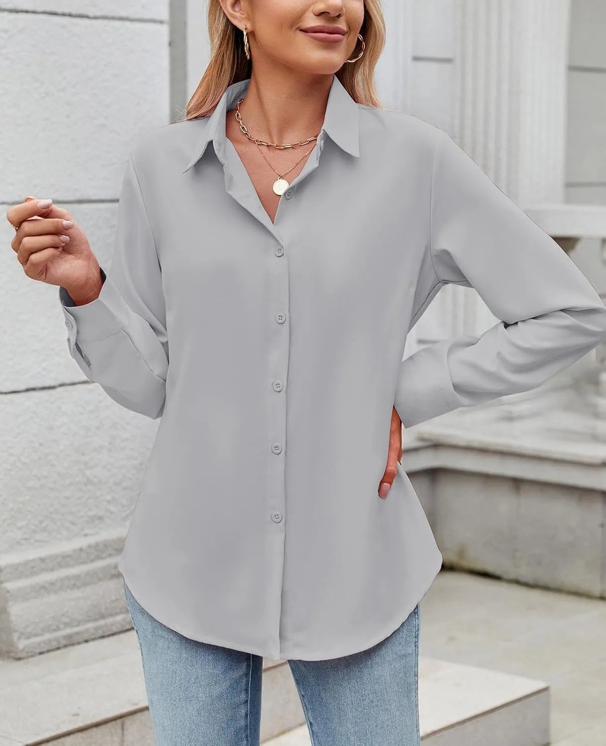 Womens Long Sleeve Button Down Shirt Ultra-Soft Stretch Wrinkle-Free Work Casual Business Office Blouse