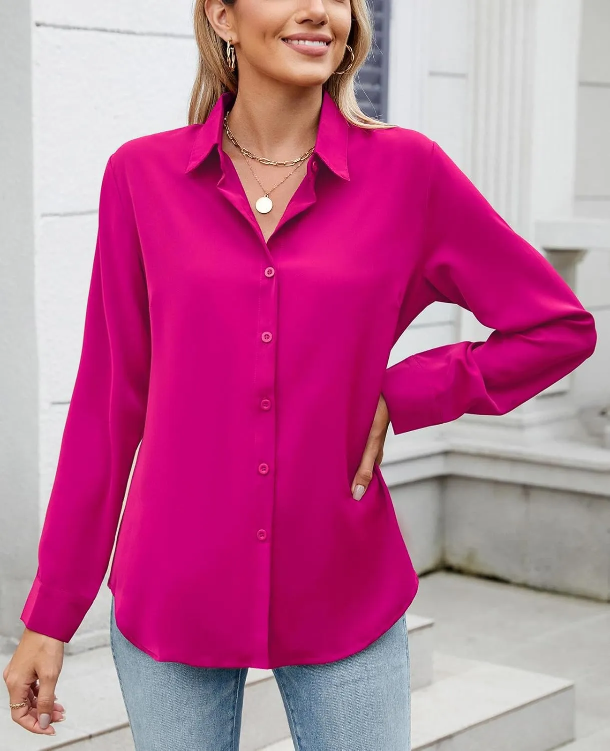 Womens Long Sleeve Button Down Shirt Ultra-Soft Stretch Wrinkle-Free Work Casual Business Office Blouse