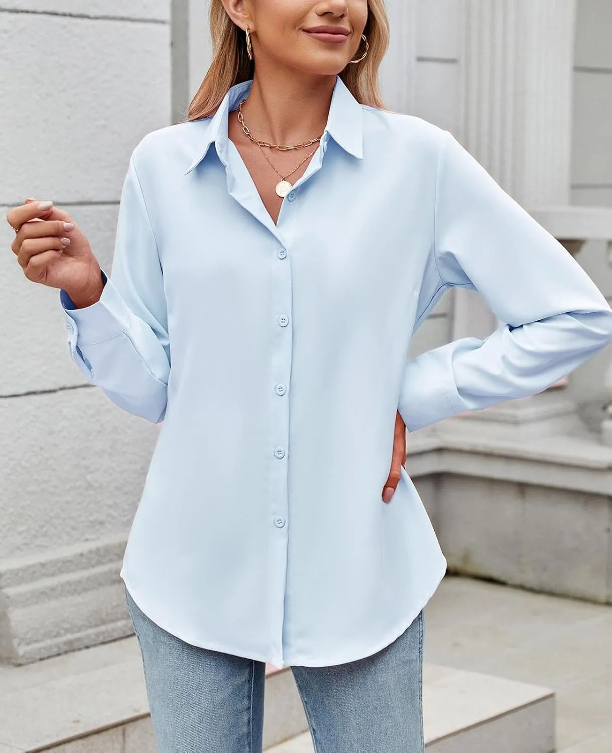 Womens Long Sleeve Button Down Shirt Ultra-Soft Stretch Wrinkle-Free Work Casual Business Office Blouse