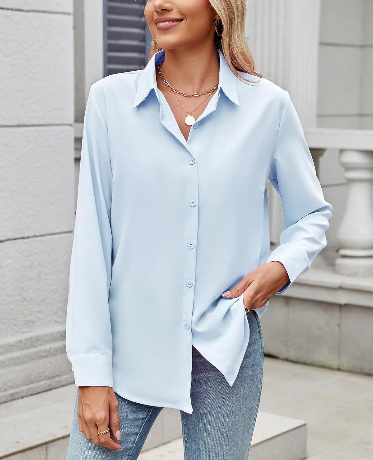 Womens Long Sleeve Button Down Shirt Ultra-Soft Stretch Wrinkle-Free Work Casual Business Office Blouse