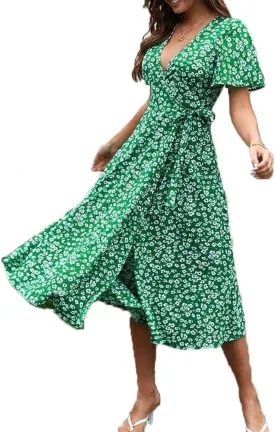 Women's Short Sleeve V Neck Wrap Waist Summer Dress Midi Casual Floral Sundress Midi Dresses