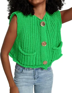 Women's Sleeveless Crochet Cardigan Vest Casual Fashion Button Down Open Front Sweater Vest with Pockets