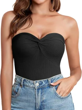 Womens Strapless Tube Tops Cute Knit Tank Top Sexy Ribbed Twisted Knot Front Sleeveless Backless Y2K Going Out Cami Tank Top