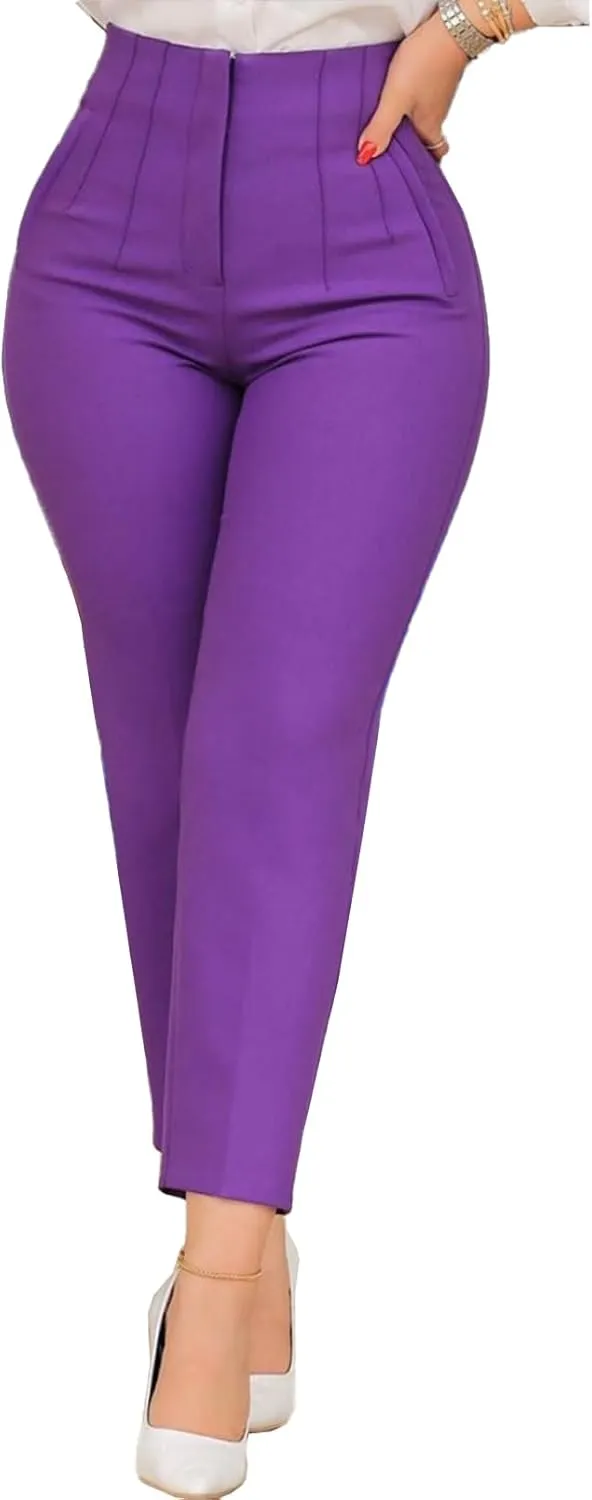 Womens Stretchy High Waisted Pants Trendy Pleated Business Work Trousers with Pockets Straight Leg Dress Pant