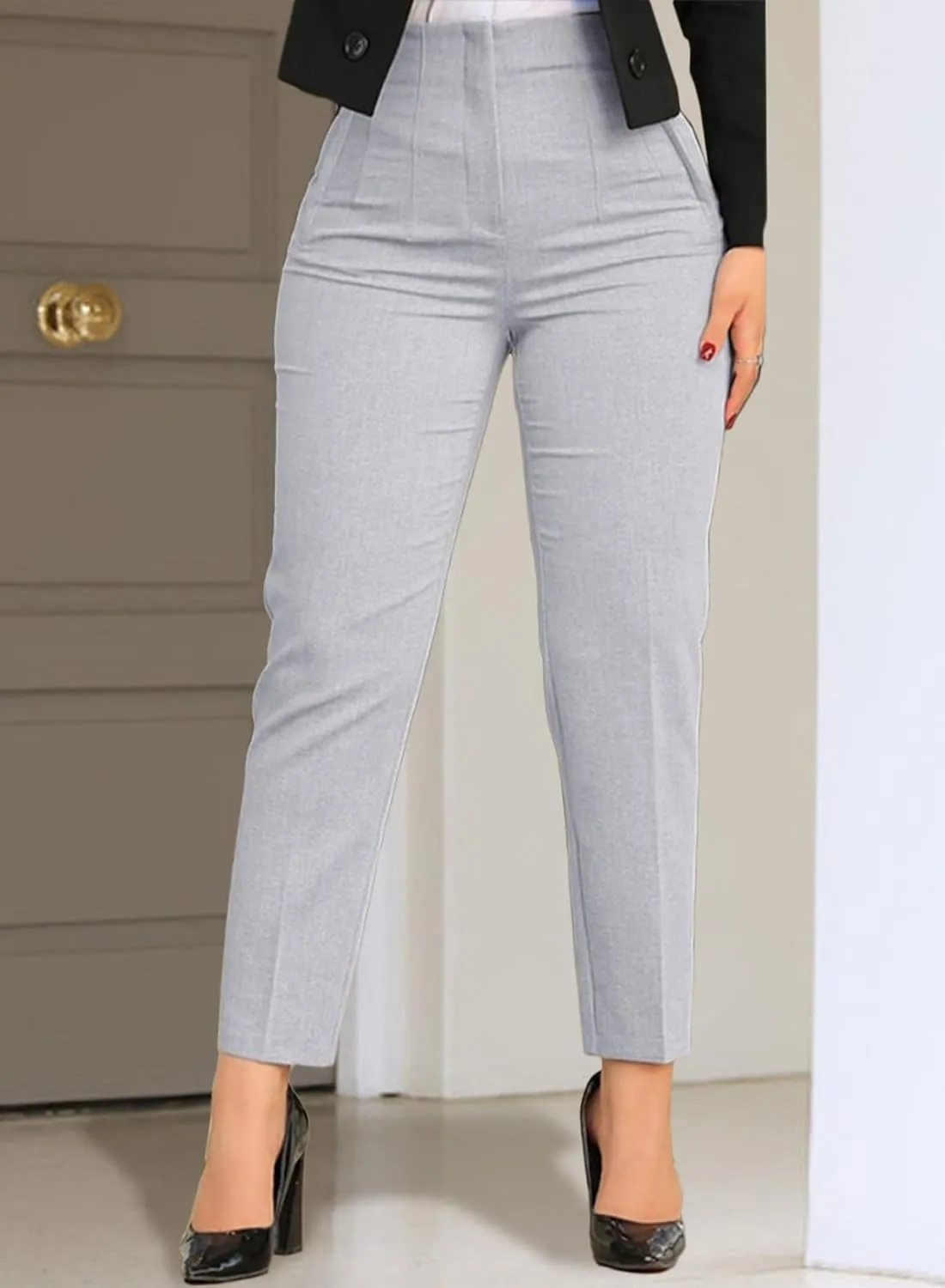 Womens Stretchy High Waisted Pants Trendy Pleated Business Work Trousers with Pockets Straight Leg Dress Pant