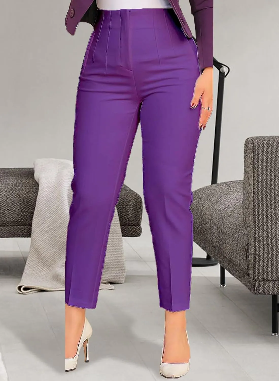 Womens Stretchy High Waisted Pants Trendy Pleated Business Work Trousers with Pockets Straight Leg Dress Pant