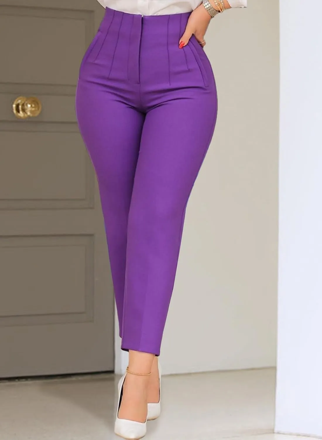 Womens Stretchy High Waisted Pants Trendy Pleated Business Work Trousers with Pockets Straight Leg Dress Pant