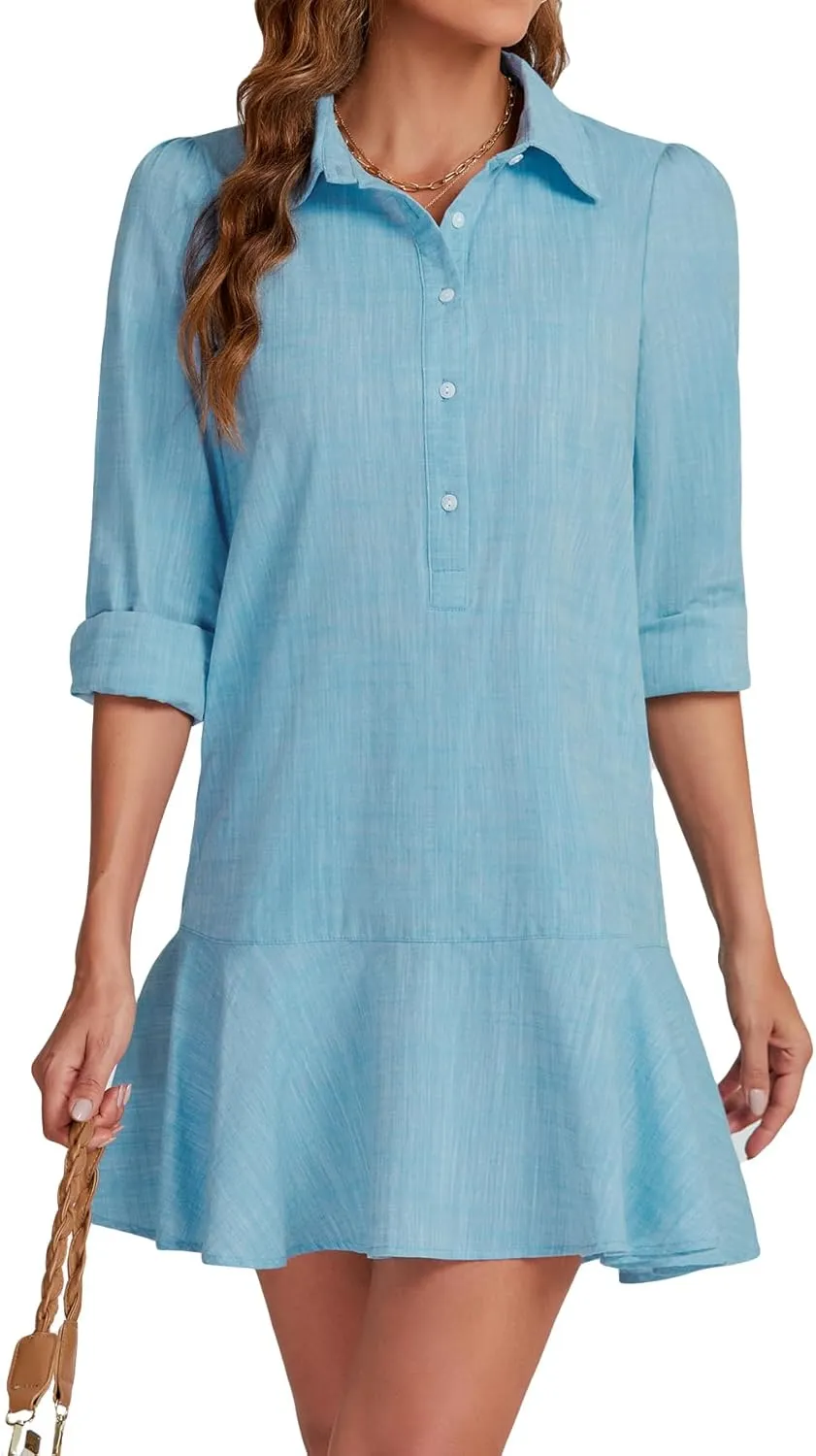 Women's Tunic Mini Shirt Dress Cotton Long Sleeve Ruffle Hem Dress Button Up Shift Chambray Dresses
