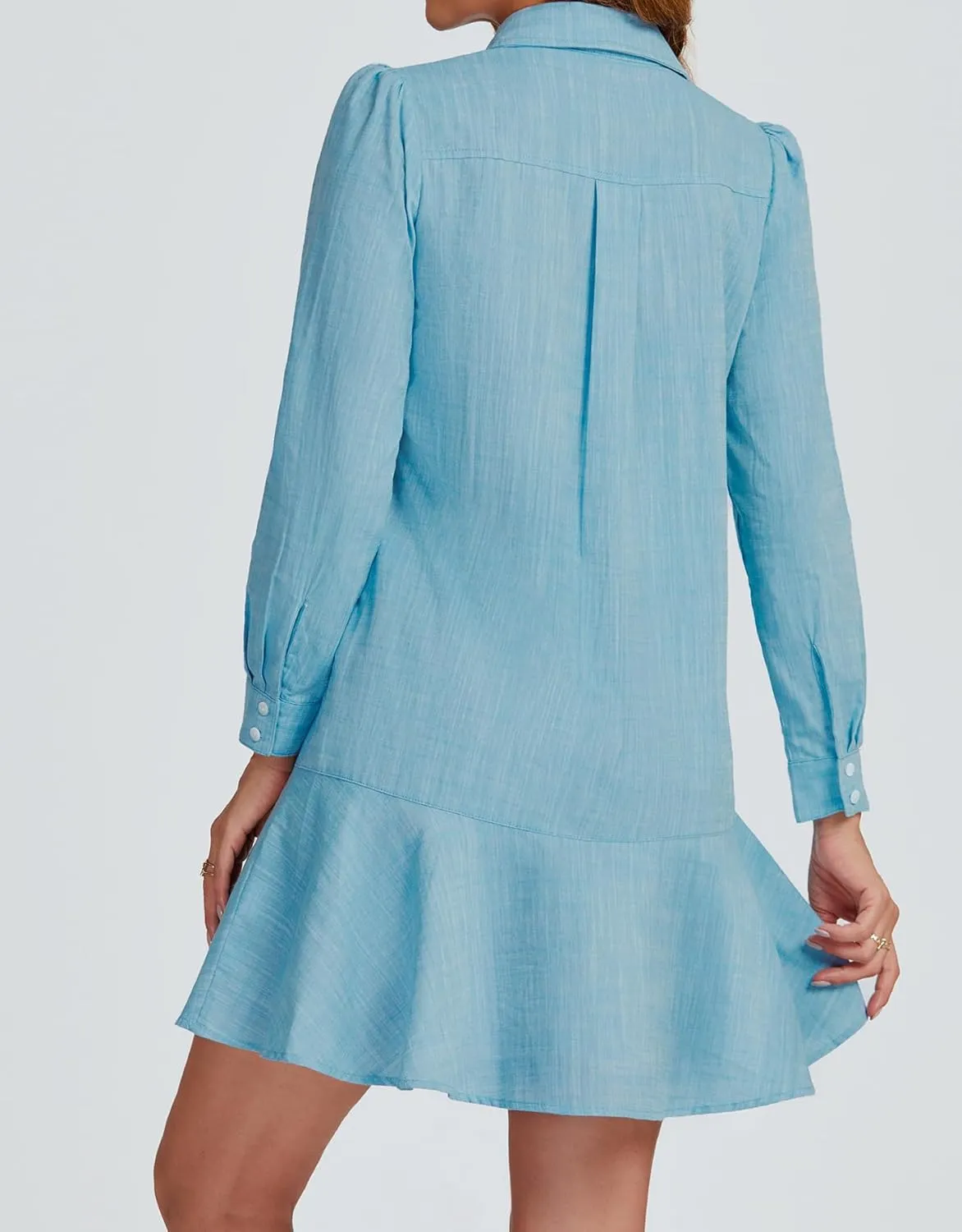 Women's Tunic Mini Shirt Dress Cotton Long Sleeve Ruffle Hem Dress Button Up Shift Chambray Dresses