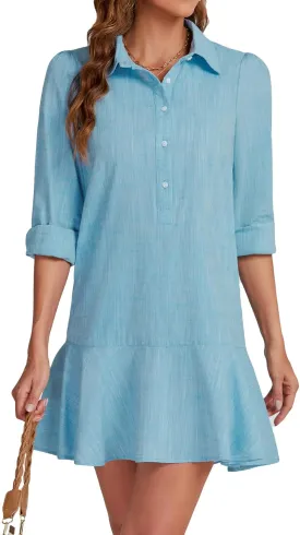 Women's Tunic Mini Shirt Dress Cotton Long Sleeve Ruffle Hem Dress Button Up Shift Chambray Dresses