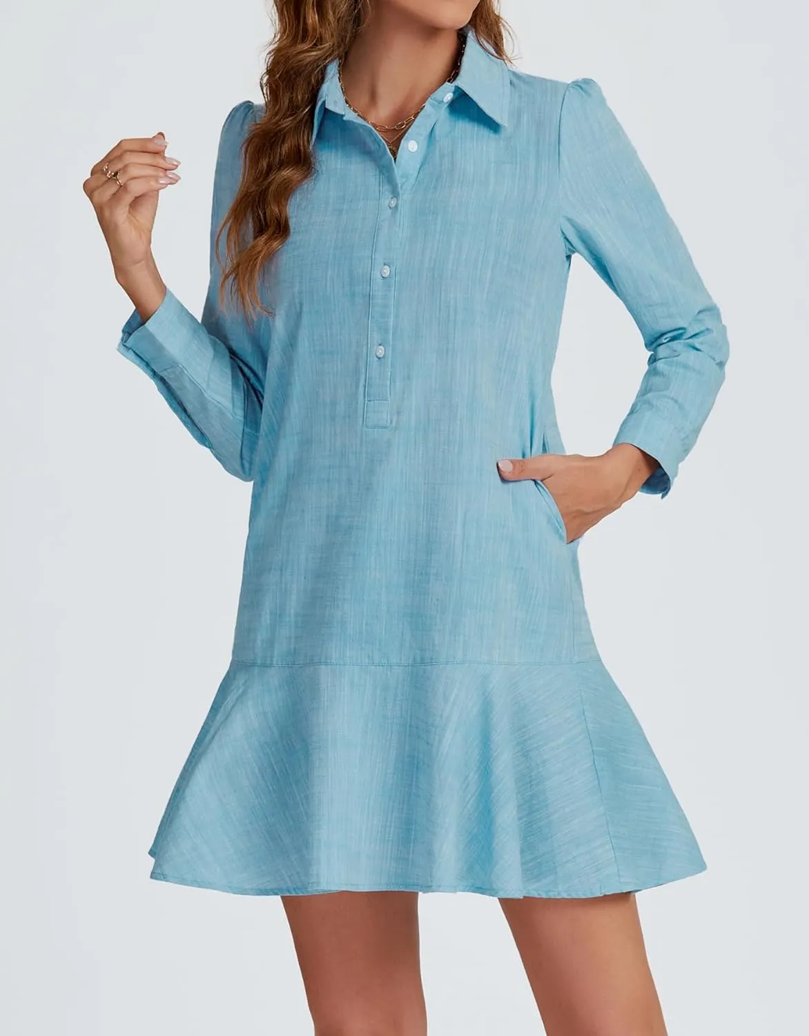 Women's Tunic Mini Shirt Dress Cotton Long Sleeve Ruffle Hem Dress Button Up Shift Chambray Dresses