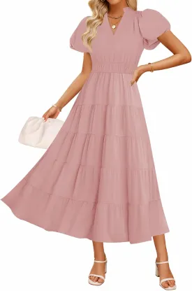 ZESICA Women's Summer Casual Maxi Dress 2025 Puff Short Sleeve V Neck Ruffle Tiered Flowy Boho Beach Dresses