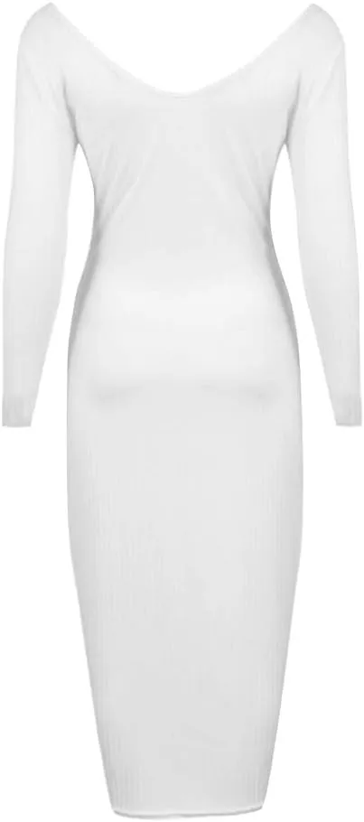 Zyyfly Women Sexy V Neck Long Sleeve Solid Bodycon Midi Dress