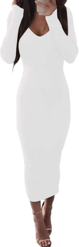 Zyyfly Women Sexy V Neck Long Sleeve Solid Bodycon Midi Dress