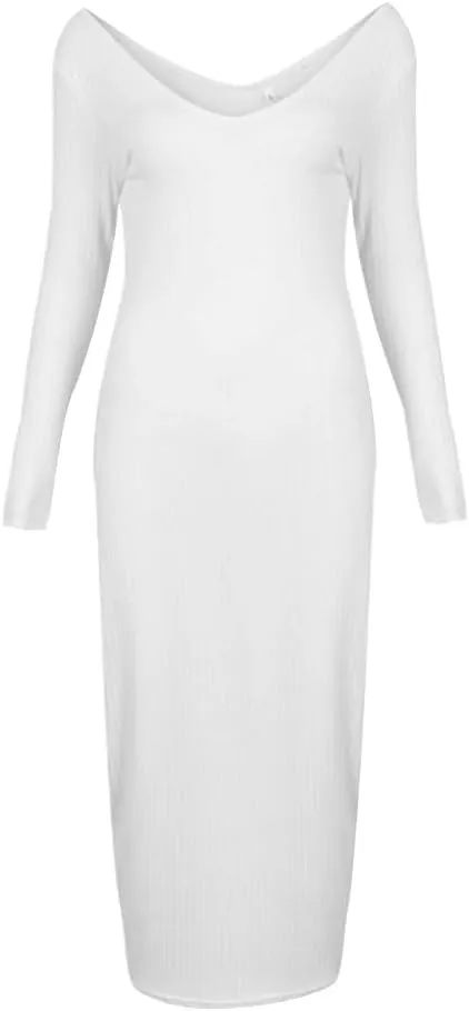 Zyyfly Women Sexy V Neck Long Sleeve Solid Bodycon Midi Dress